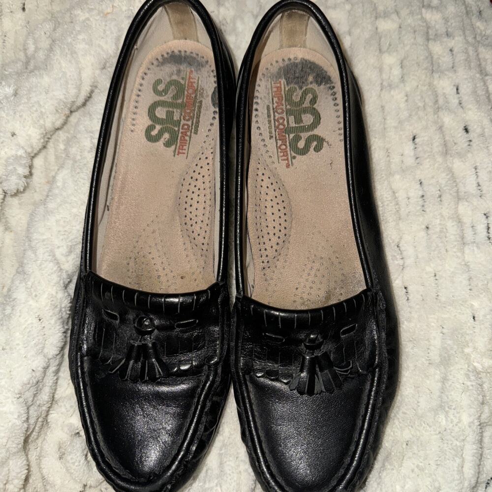 SAS Tripad Comfort Women Sz 7 1/2 N Leather Tasseled Slip On Loafer Flats Black